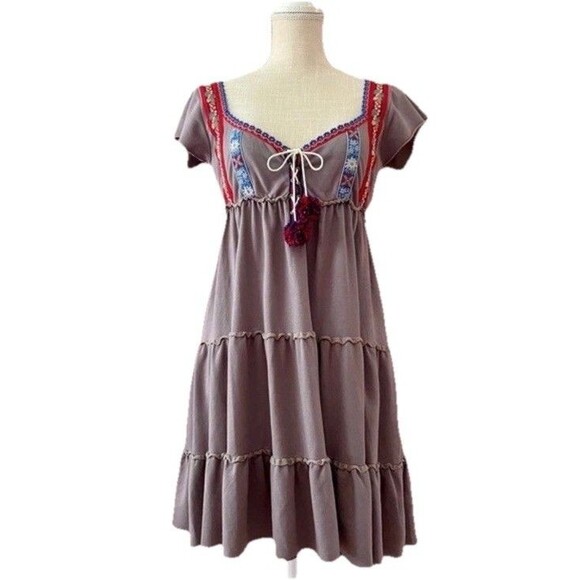 Free People Tiered Corset Dress S Mocha Grey Midi Embroidered Prairie Milkmaid - Picture 1 of 9